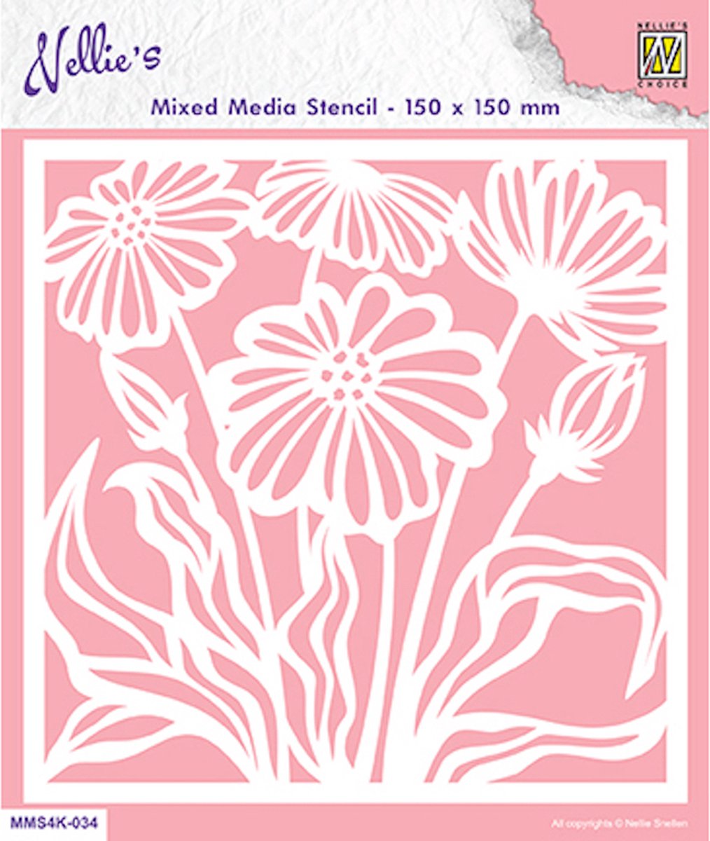 MMS4K-034 - Nellie Snellen - 15x15 cm Mixed Media Stencil flowers - sjabloon plastic roze - bloemen - 6x madelief bloem